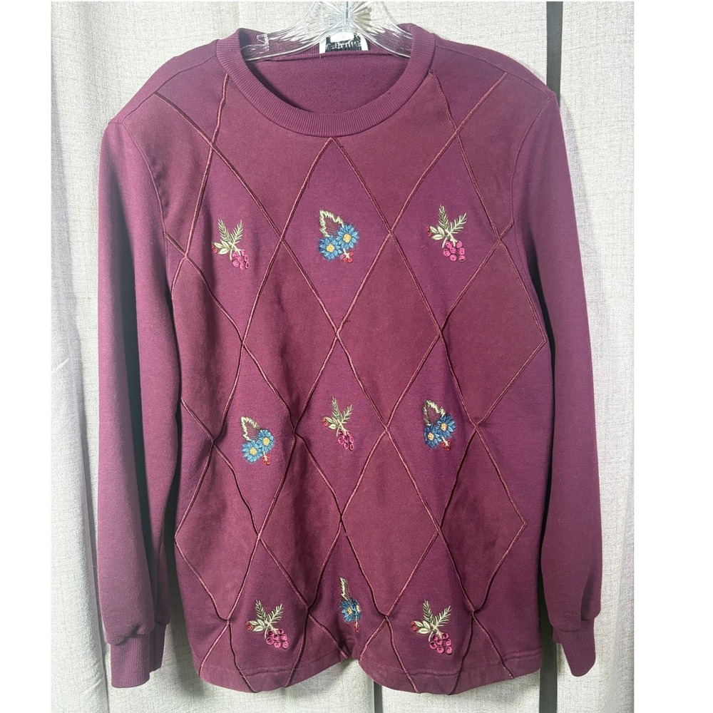 Alfred Dunner Womens Sz L Burgundy Floral Embroidered Quilted Sweatshirt Vintage